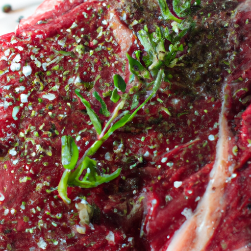 A close-up of a raw steak seasoned with salt, pepper, and herbs